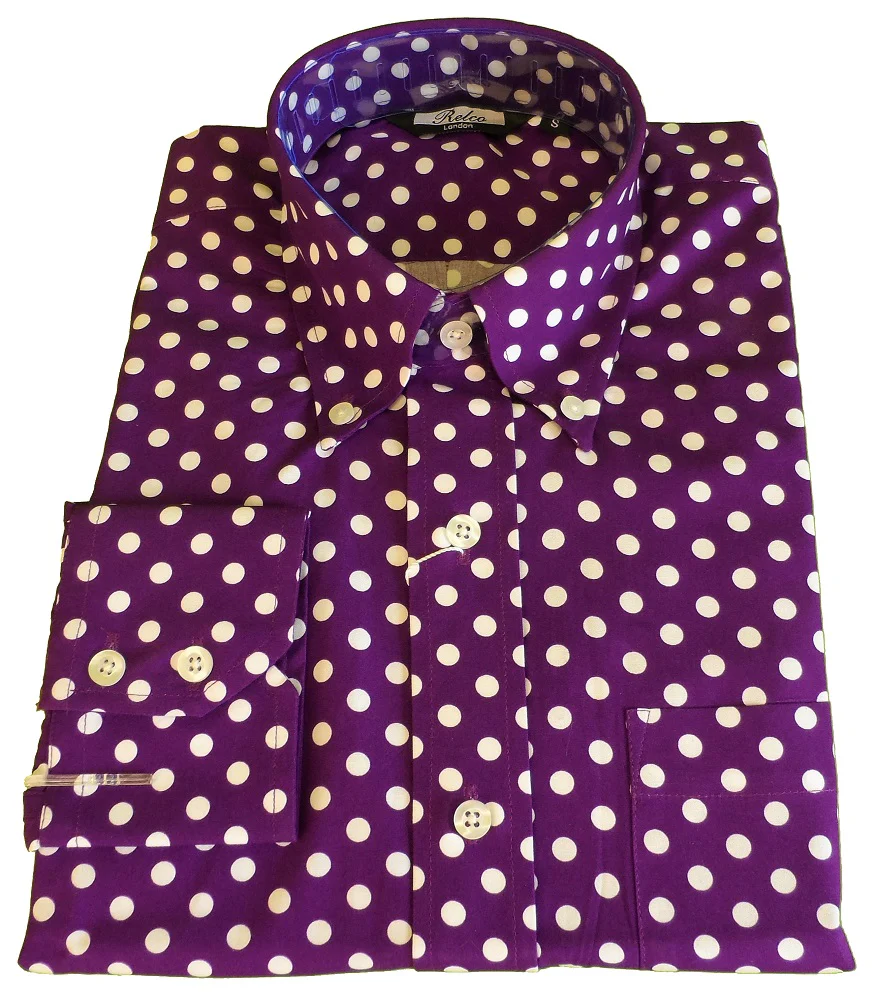 Relco Purple & White Polka Dot Mens Classic Mod Vintage Design Shirts - immagine 3