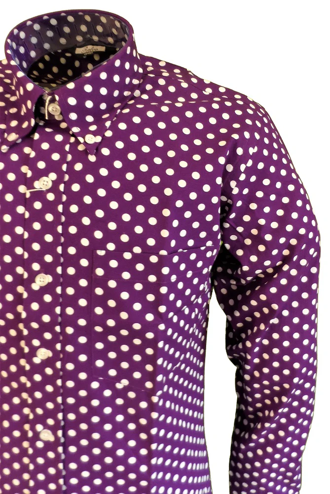 Relco Purple & White Polka Dot Mens Classic Mod Vintage Design Shirts - immagine 4