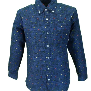 Pop Mens Navy Multi Print Retro Button Down Collar Cotton Shirt …