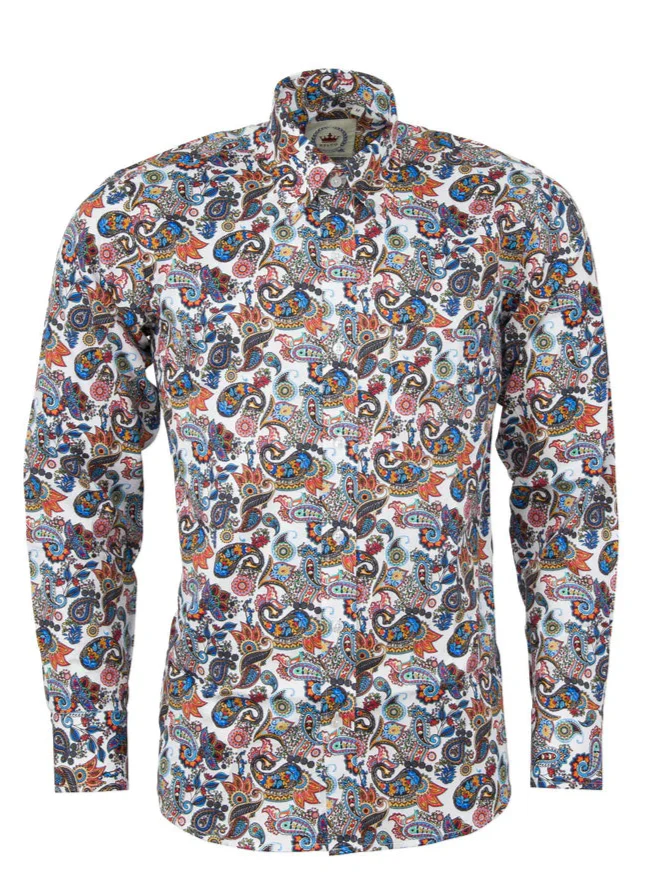 Relco White Colourful Multi Paisley Long Sleeved Retro Mod Button Down Shirt