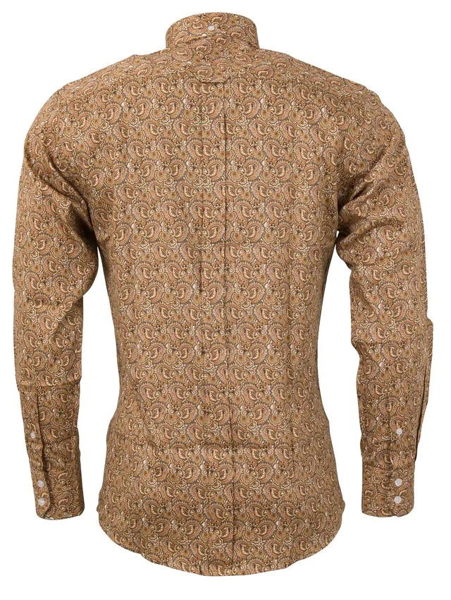 Relco Mustard Paisley 100% Cotton Long Sleeved Retro Mod Button Down Shirt - immagine 3