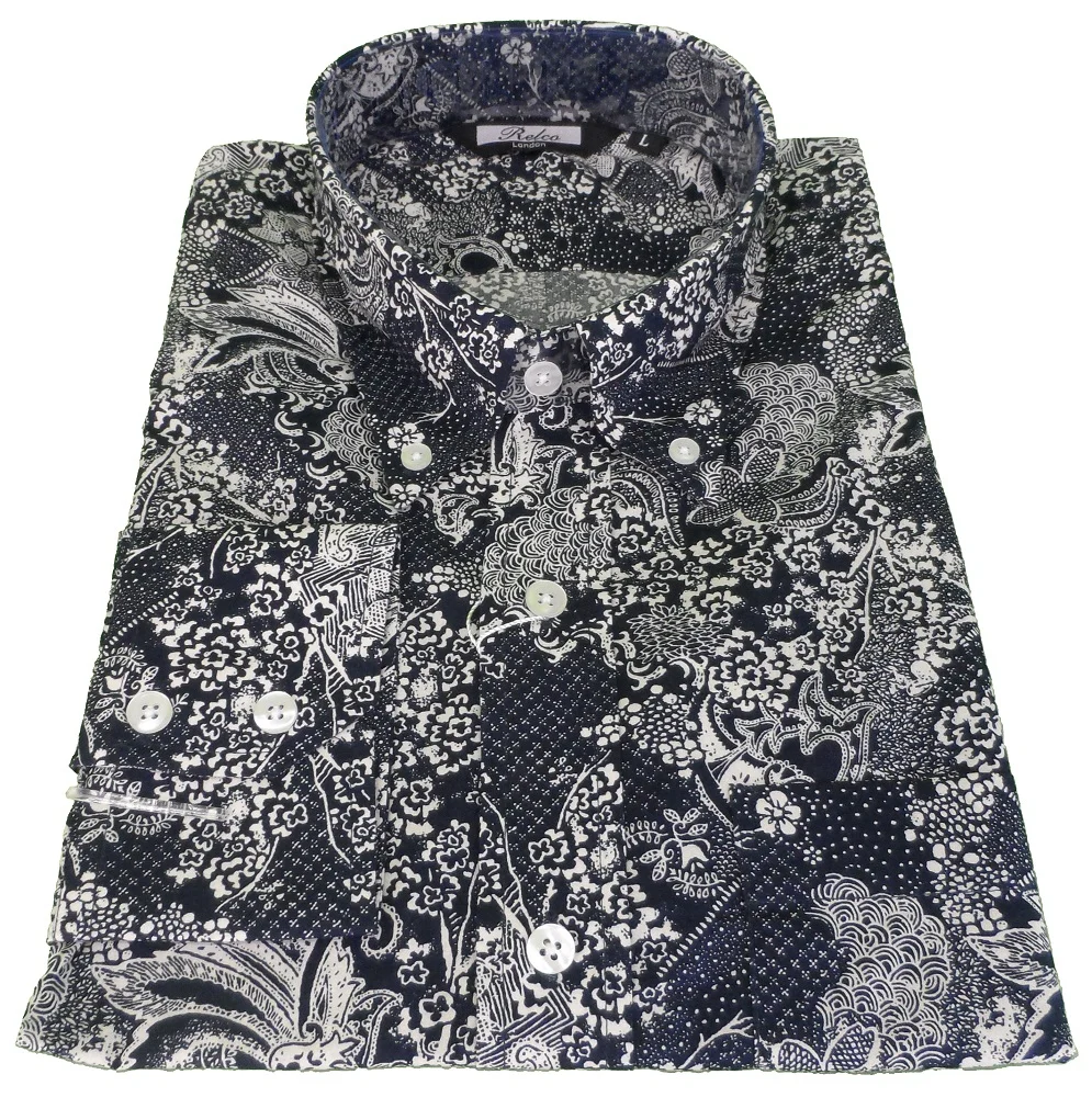 Relco Navy & White Paisley 100% Cotton Long Sleeved Retro Mod Button Down Shirt - immagine 3