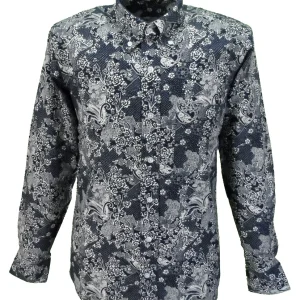 Relco Navy & White Paisley 100% Cotton Long Sleeved Retro Mod Button Down Shirt