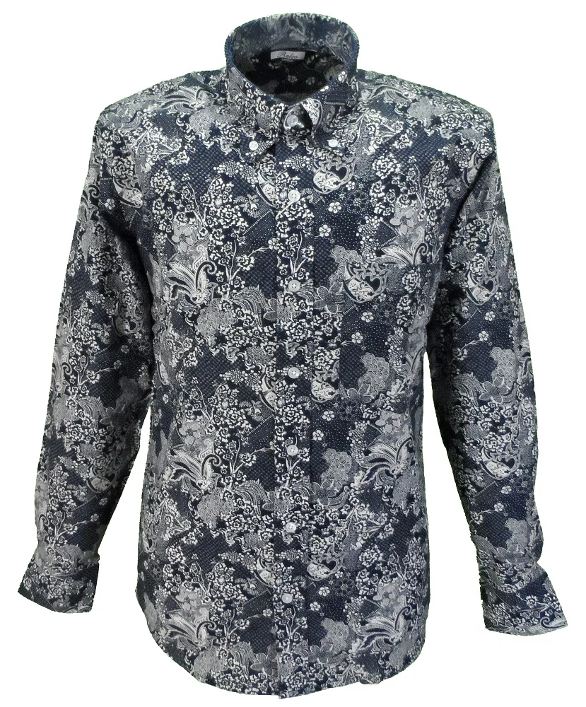 Relco Navy & White Paisley 100% Cotton Long Sleeved Retro Mod Button Down Shirt - immagine 2