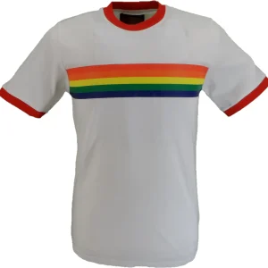 Mazeys Mens White Retro Mod 60s Indie Rainbow Striped Cotton T Shirt