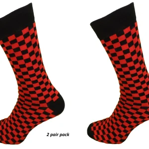 Mens 2 Pair Pack Black and Red Check Retro Socks