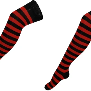Ladies 2 Pair Pack of Black/Red Striped Over the Knee Socks