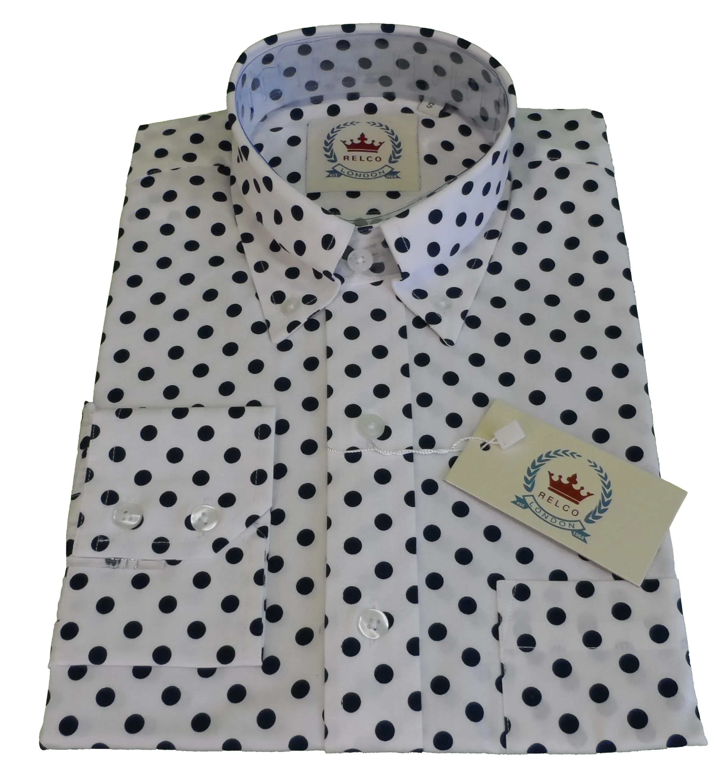 Relco White/Navy Polka Dot Cotton Long Sleeved Retro Mod Button Down Shirts - immagine 4
