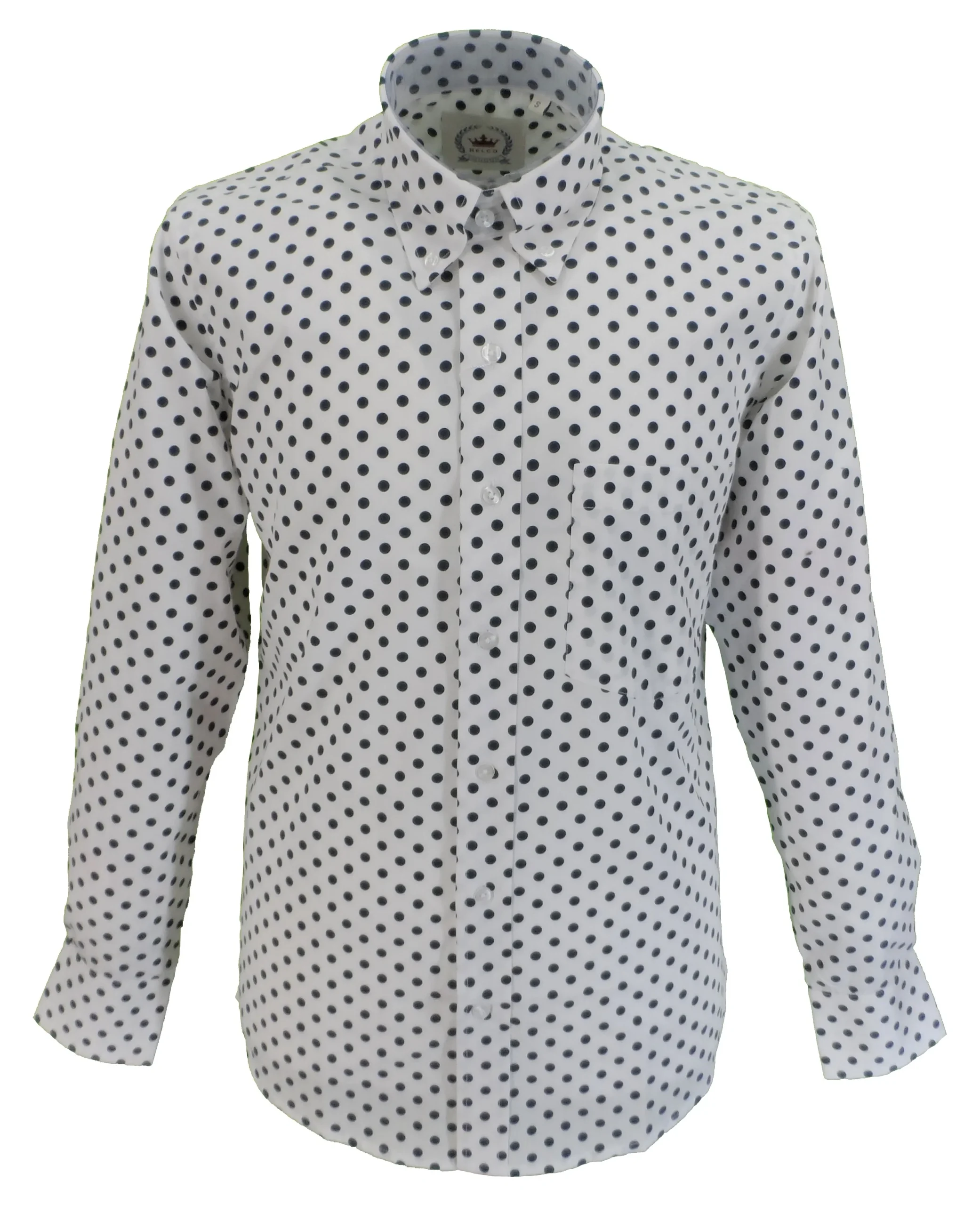 Relco White/Navy Polka Dot Cotton Long Sleeved Retro Mod Button Down Shirts - immagine 2
