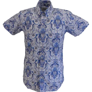 Relco Mens Blue Paisley Short Sleeved Retro Mod Button Down Shirt