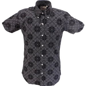 Relco Mens Black Paisley Short Sleeved Retro Mod Button Down Shirt