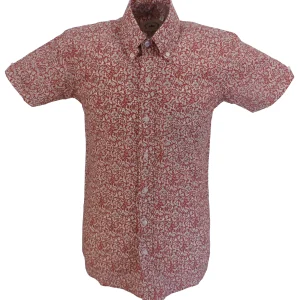 Relco Mens Burgundy/White Paisley Short Sleeved Retro Mod Button Down Shirt