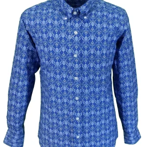 Relco Blue Retro Print 100% Cotton Long Sleeved Retro Mod Button Down Shirt