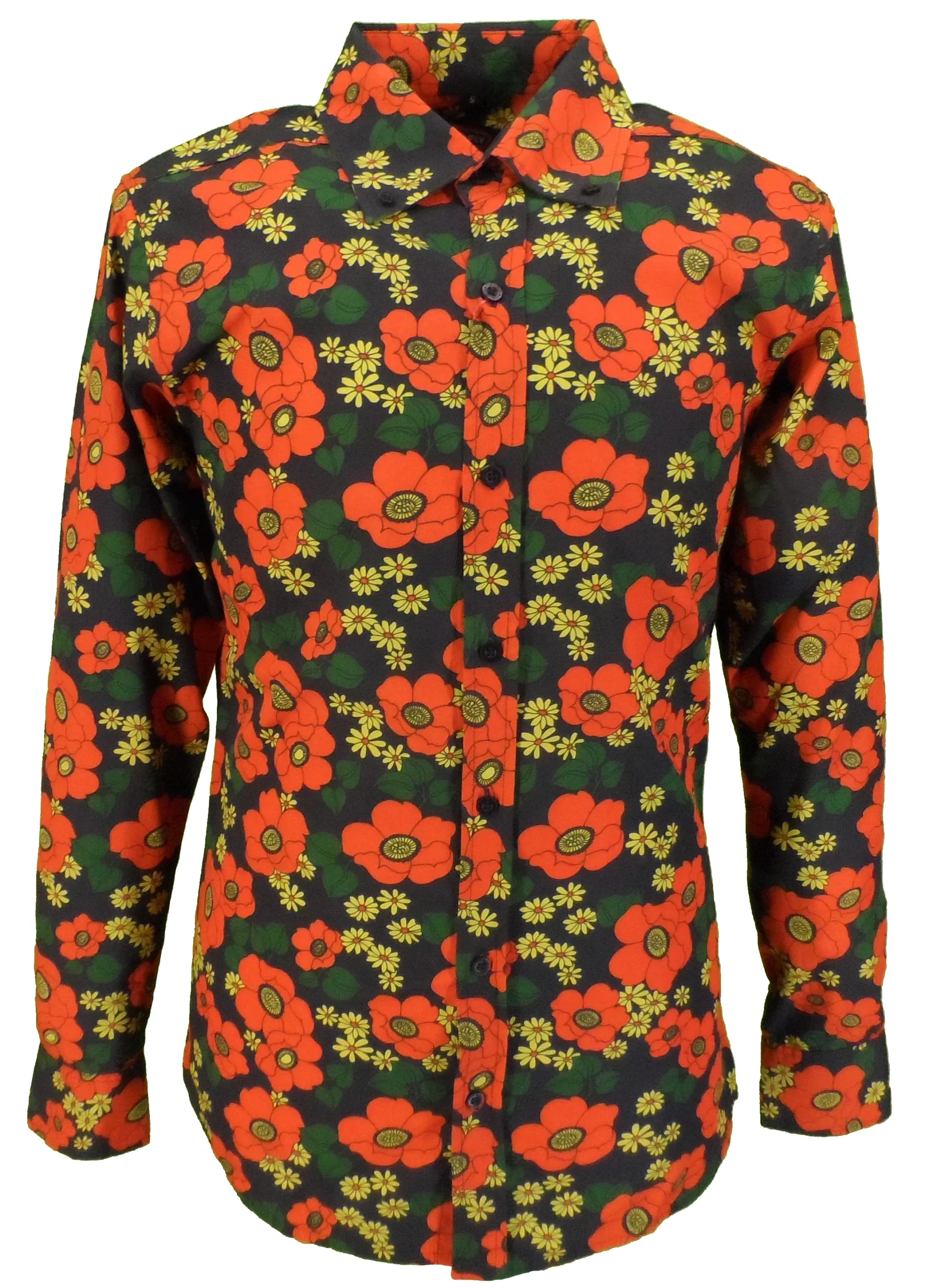 Mazeys Mens Retro Black Floral Poppy Shirt