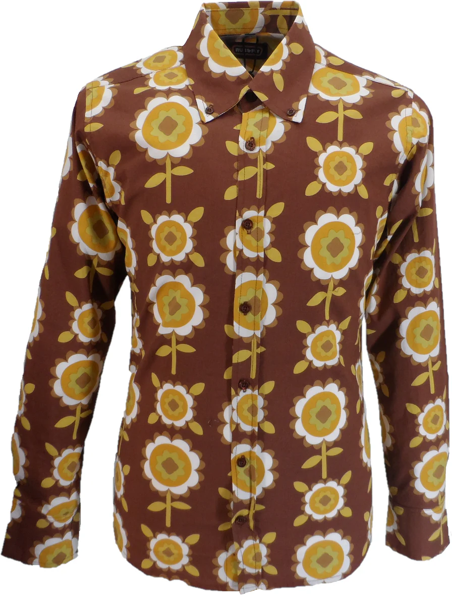 Run & Fly Mens 60s 70s Retro Psychedelic Brown Flowered Shirt - immagine 2