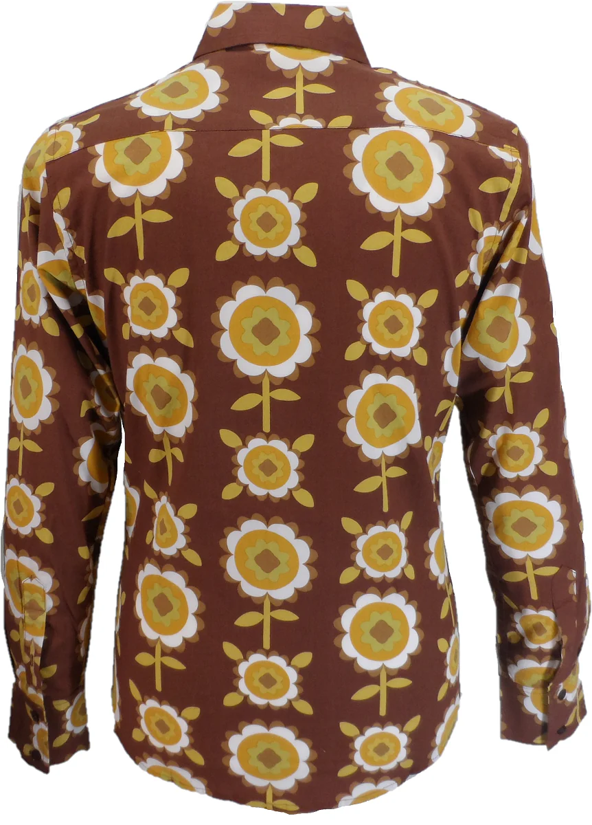 Run & Fly Mens 60s 70s Retro Psychedelic Brown Flowered Shirt - immagine 3