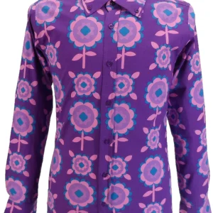 Mazeys Mens 60s 70s Retro Psychedelic Purple Flowered Shirt