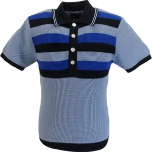 Ska & Soul Mens Sky Blue Striped Waffle Knited Polo Shirt