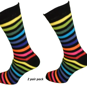Mens 2 Pair Pack Black Rainbow Multi Striped Retro Socks
