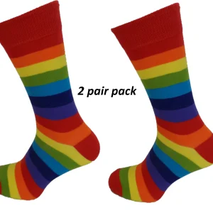 Mens 2 Pair Pack Rainbow Multi Thick Striped Retro Socks