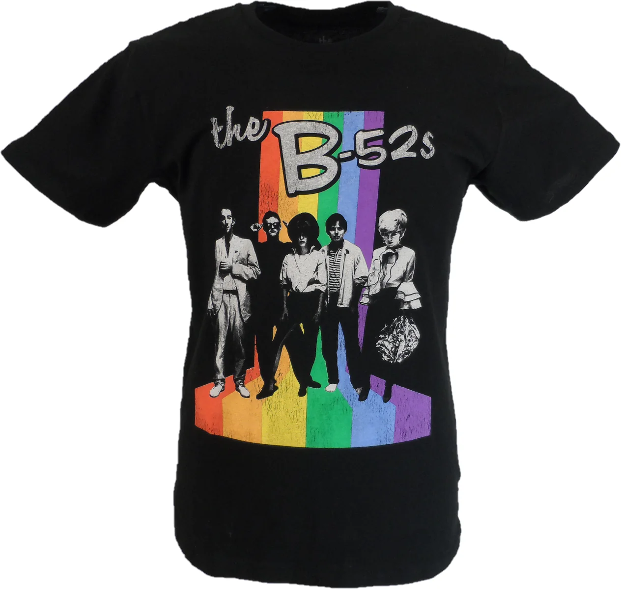 Mens Black Official The B-52s Rainbow Stripes T Shirt - immagine 2