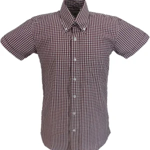 Relco Short Sleeved Burgundy Gingham Check Cotton Rich Button Down Shirts