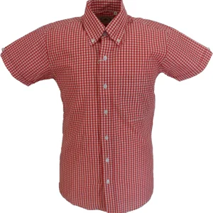 Relco Short Sleeved Red Gingham Check Cotton Rich Vintage Retro Mod Button Down Shirts