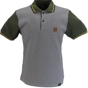 Trojan Records Mens Army Green Dogtooth Front Polo Shirt