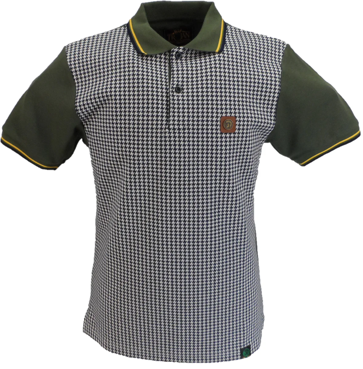 Trojan Records Mens Army Green Dogtooth Front Polo Shirt - immagine 2