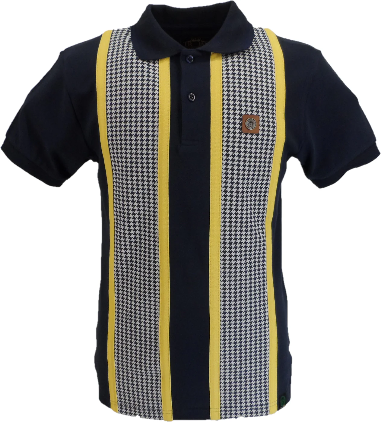 Trojan Mens Navy Blue Houndstooth Panel Stripe Polo Shirt - immagine 2