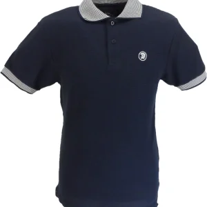 Trojan Mens Navy Blue Basket Weave Jacquard Trim Pique  Polo Shirt