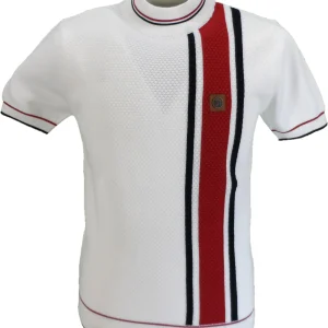 Trojan Mens Ecru Textured Stripe Fine Gauge Turtle T Shirt