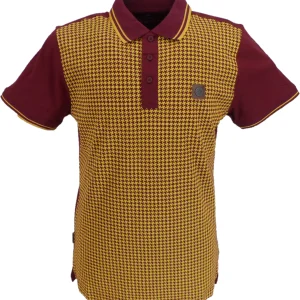 Lambretta Mens Burgundy/Gold Houndstooth Print Cotton Polo Shirts