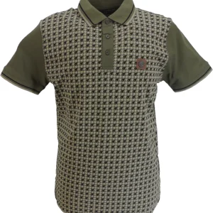 Lambretta Mens Khaki Green Houndstooth Print Cotton Polo Shirts