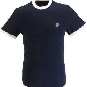 Trojan Mens Navy Blue Flag Badge 100% Cotton Ringer T-Shirt