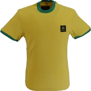 Trojan Mens Mustard Yellow Flag Badge 100% Cotton Ringer T-Shirt
