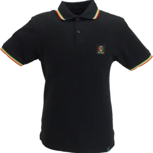 Trojan Mens Black Rasta Flag Badge Twin Tipped Polo Shirt
