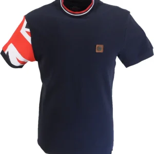 Trojan Mens Navy Blue Flag Print Tipped Pique T Shirt