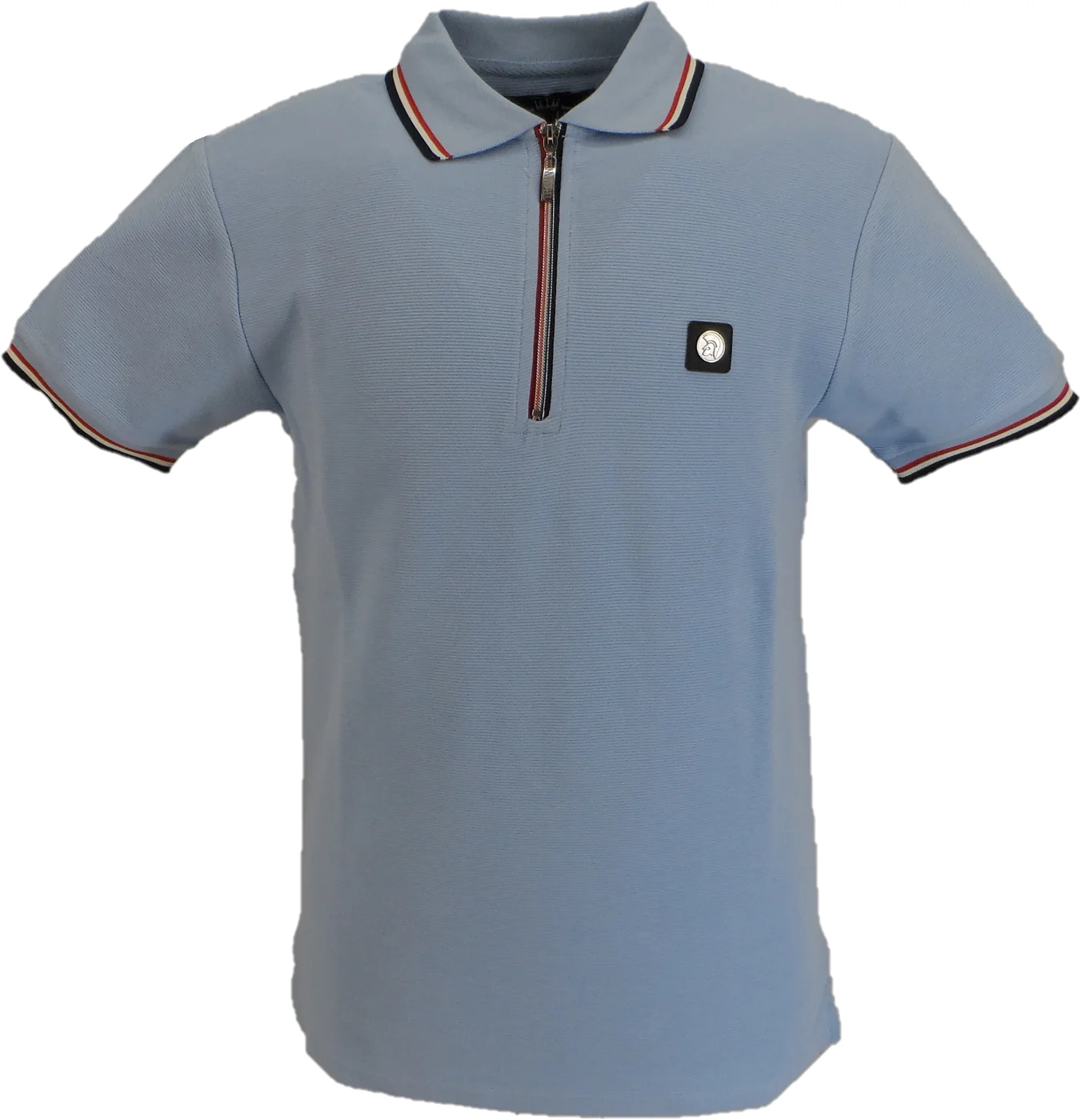 Trojan Mens Powder Blue Rib Chrome-effect Zip Tipped Polo Shirt - immagine 2