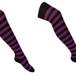 Ladies 2 Pair Pack of Purple/Black Striped Over the Knee Socks