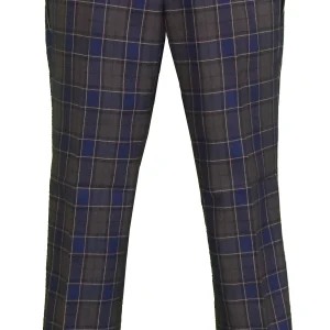 Relco Mens Blue/Grey/Mustard Tartan Check Slim Fit Sta-Press Trousers
